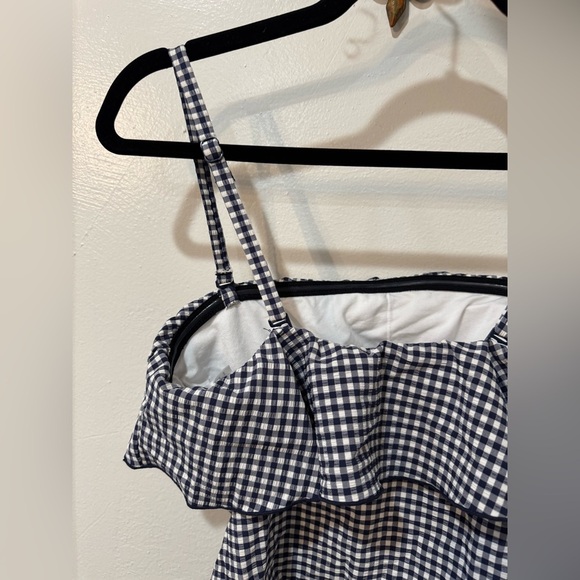 Kona Sol Navy and White Checkered Ruffled Neckline Swimsuit size Large - Picture 2 of 6